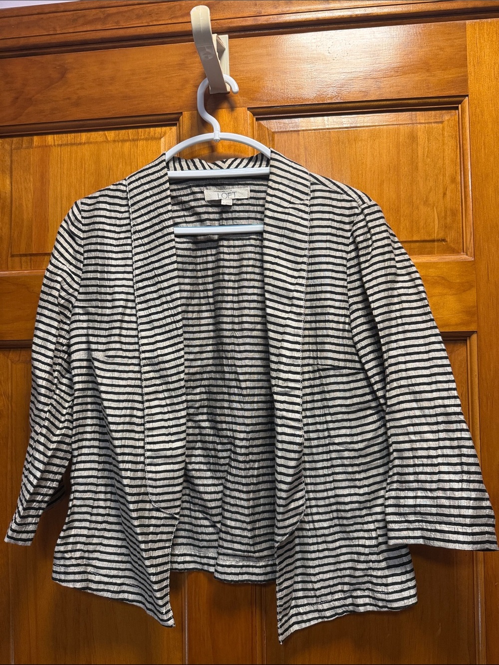 LOFT Black and White Striped Open-Front Blazer